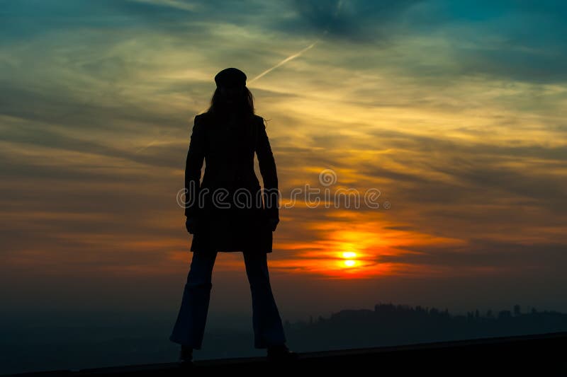 Girl Standing on the Wall Wading Red Sunset Stock Photo Image of
