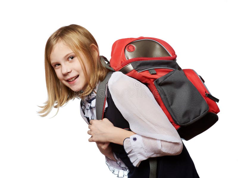 Girl Student of School Drags Heavy Bag Isolated Stock Image Image of
