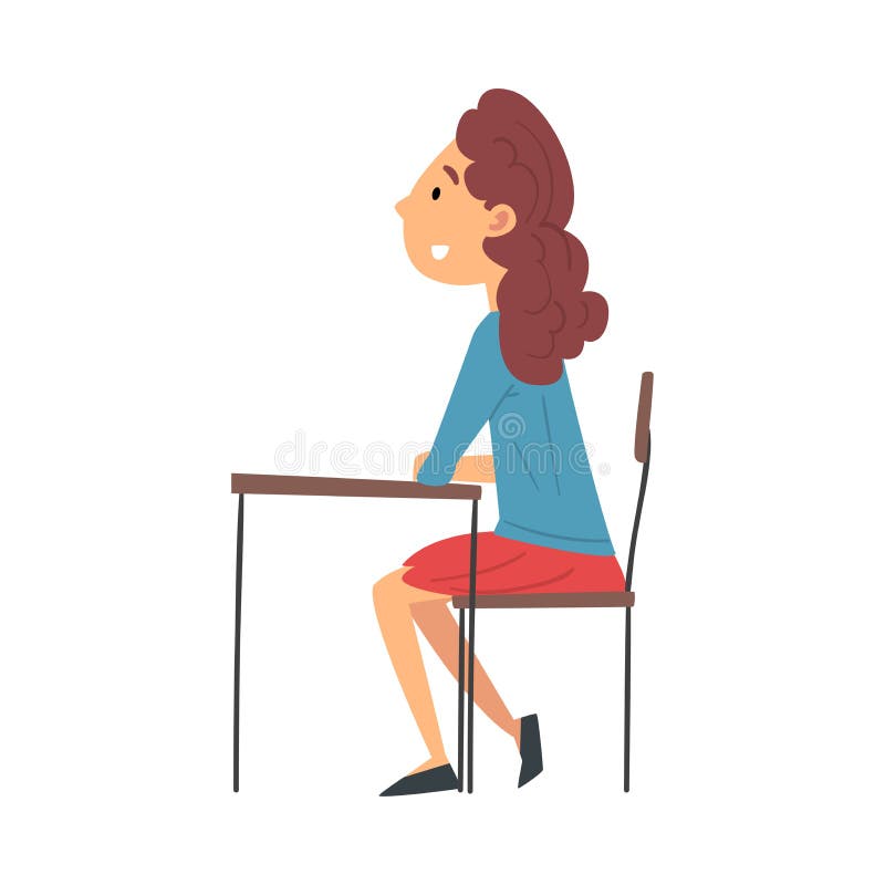 Girl Student Sitting at the Desk in Classroom and Attentively Listening, Side View Vector Illustration on White Background.