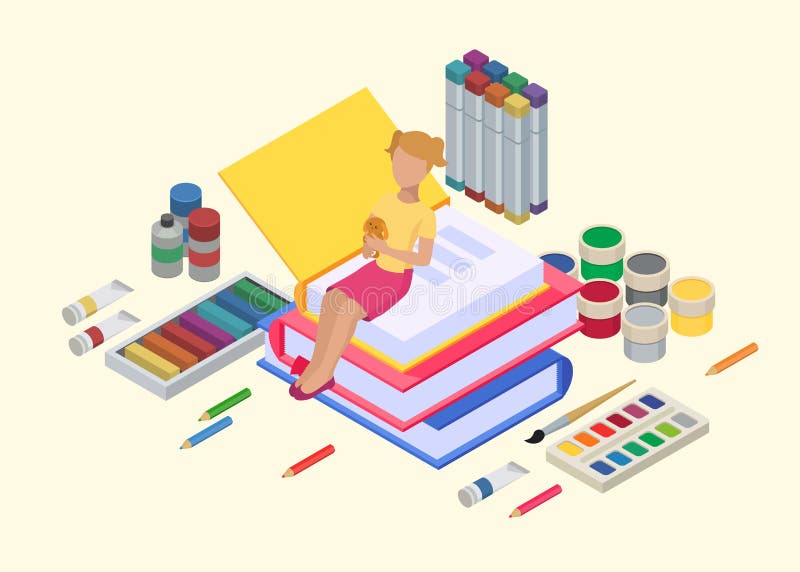 Girl study, education, learning vector illustration. Kid with books, paints, pens for lessons, child creativity. vector illustration
