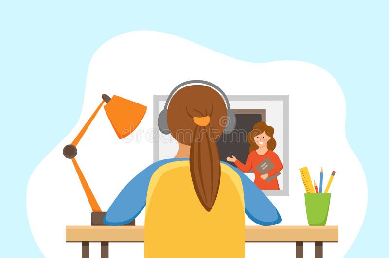 Girl Studying Online Education at Home Cartoon Vector Illustration. Stock  Vector - Illustration of modern, desk: 187230324