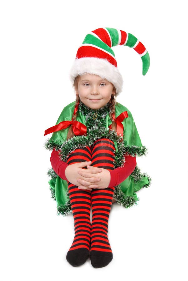 Girl in Suit of Christmas Elf with Oil Lamp. Stock Image Image of