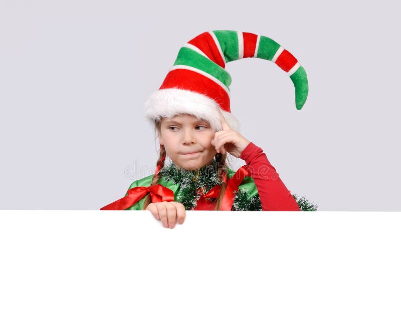 Girl in Suit of Christmas Elf with the Banner Stock Photo Image of