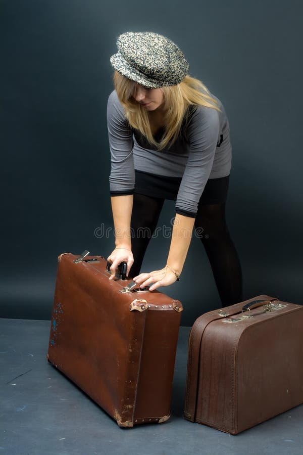 Girl with suitcase stock image. Image of casual, hand 12448769