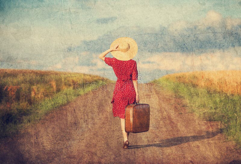 Girl with Suitcase at Country Road. Stock Photo - Image of suitcase ...