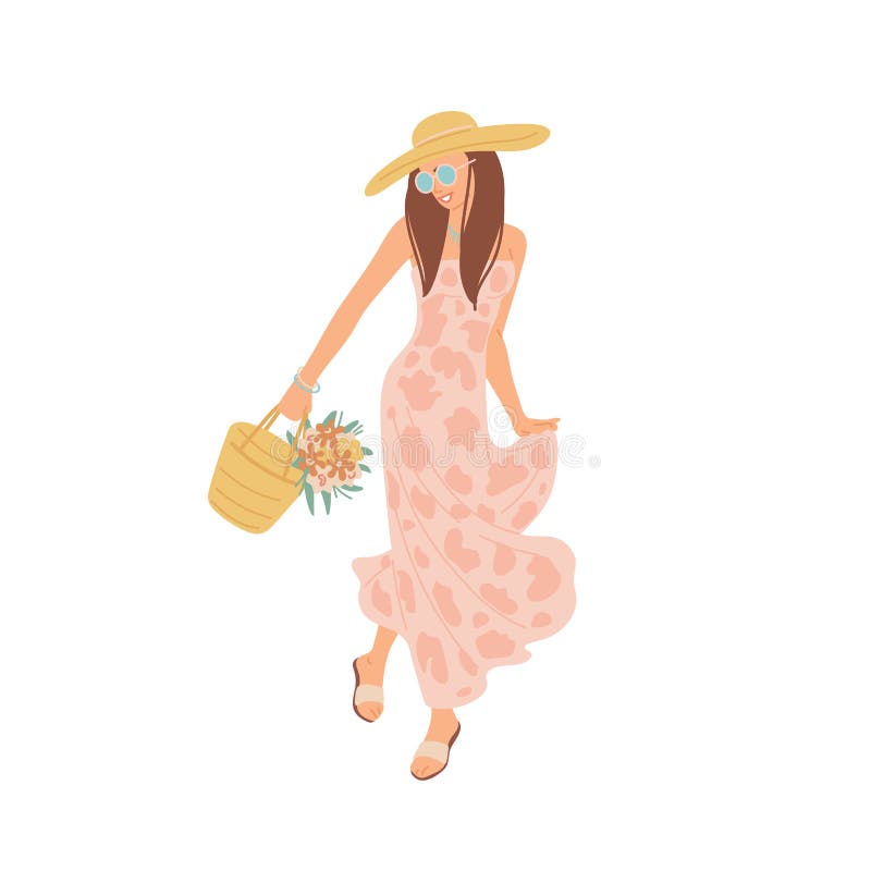 Girl in Summer Dress is Walking. Young Woman in Sunglasses and Hat ...