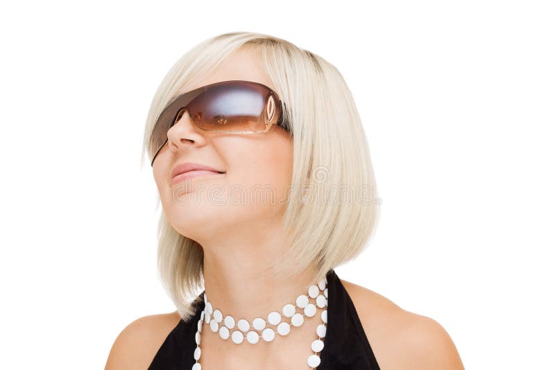 Girl in sun glasses on white background
