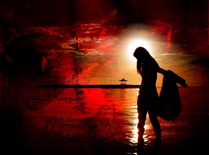 Silhouetted Girl with the Sun in her Hair on a Red Grunge Background. Serene beach atmosphere stock images, royalty-free photos and pictures