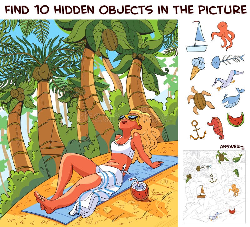 Girl sunbathing on beach. Find 10 hidden objects in the picture