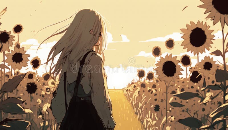 a wonderful modern anime girl with blonde hair in a field with clouds in  the background, generative ai technology Stock Illustration