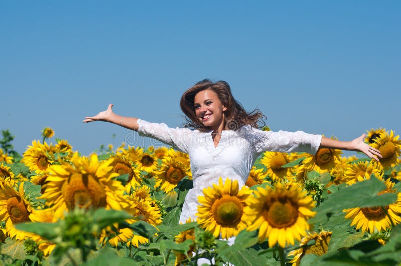 Woman Summer Girl Happy in Sunflower Flower Field Stock Photo - Image ...