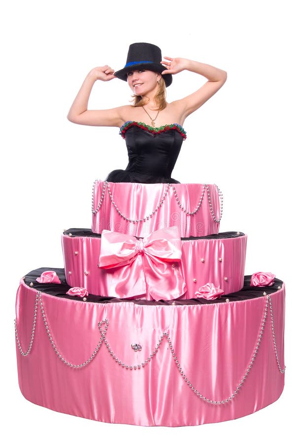 Girl, a surprise gift, jumps out of the toy cake