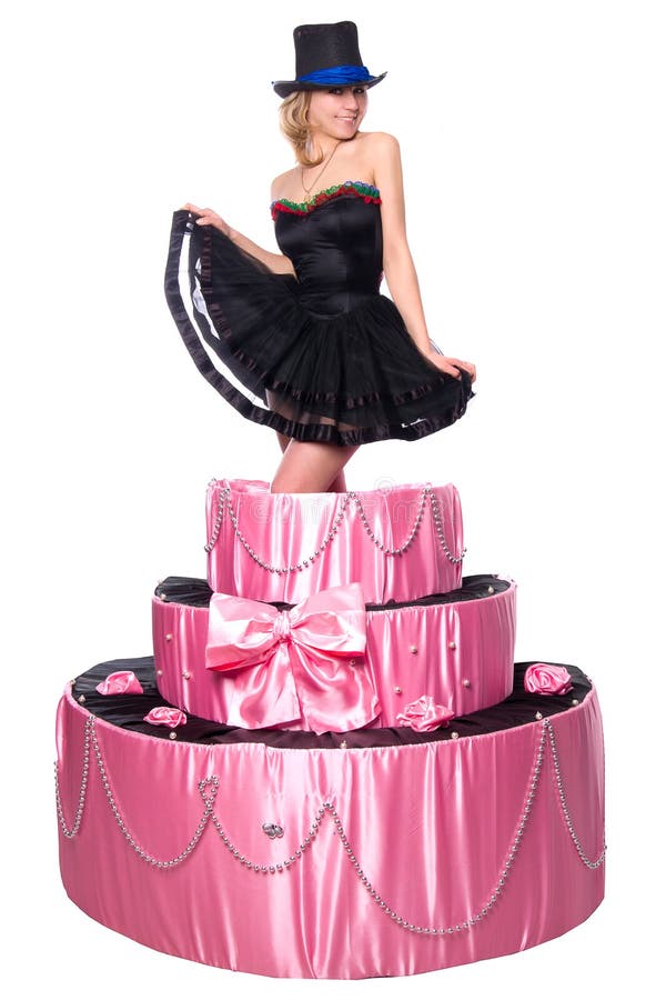 Girl, a surprise gift, jumps out of the toy cake