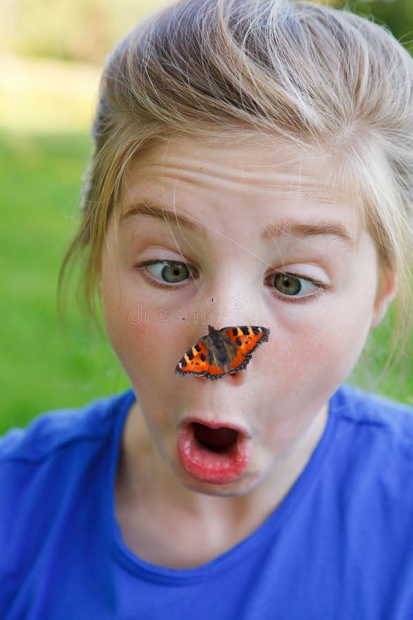 Girl Surprised of a Butterfly on Her Nose Stock Photo Image of
