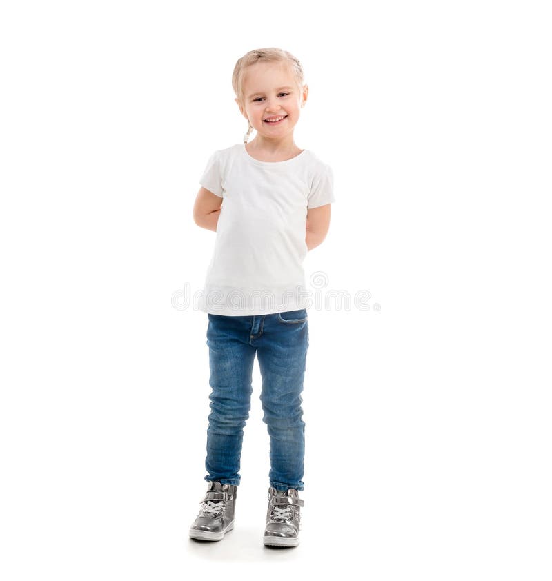 Girl in T-shirt Standing Isolated on White Background Stock Photo ...