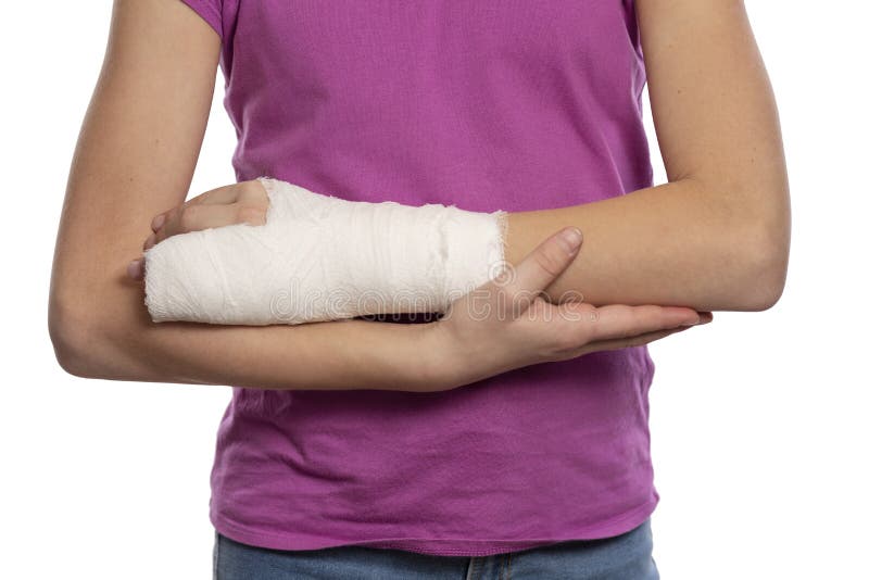 Girl teenager with a bandaged arm with plaster, close-up, isolated on white...