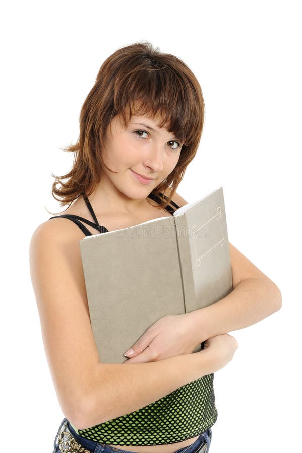 Girl the teenager with the book smiles