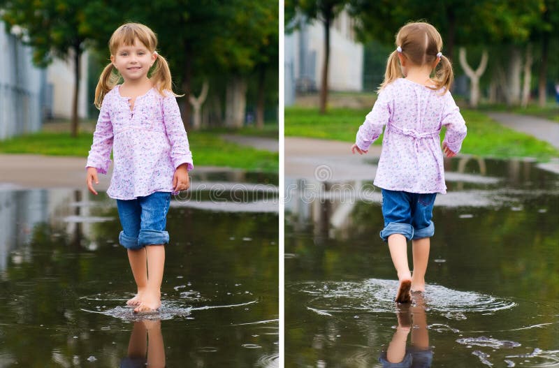 Girl to walk barefoot in a puddle splashing water in the rain