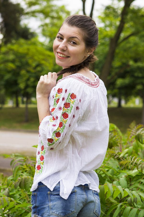 Girl in Traditional Romanian Blouse Stock Image - Image of happy, woman ...