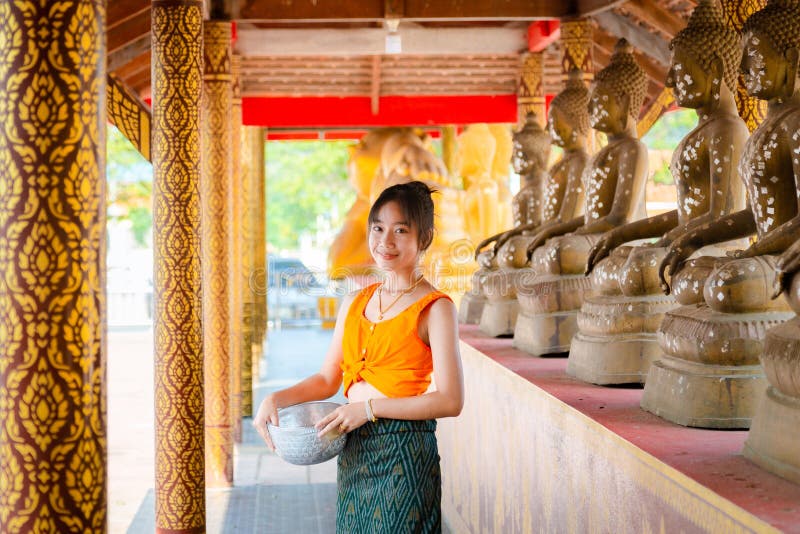 Girl in Traditional Thai Dress Songkran Festival in Thailand Stock ...