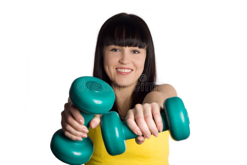Girl with two green dumbbells