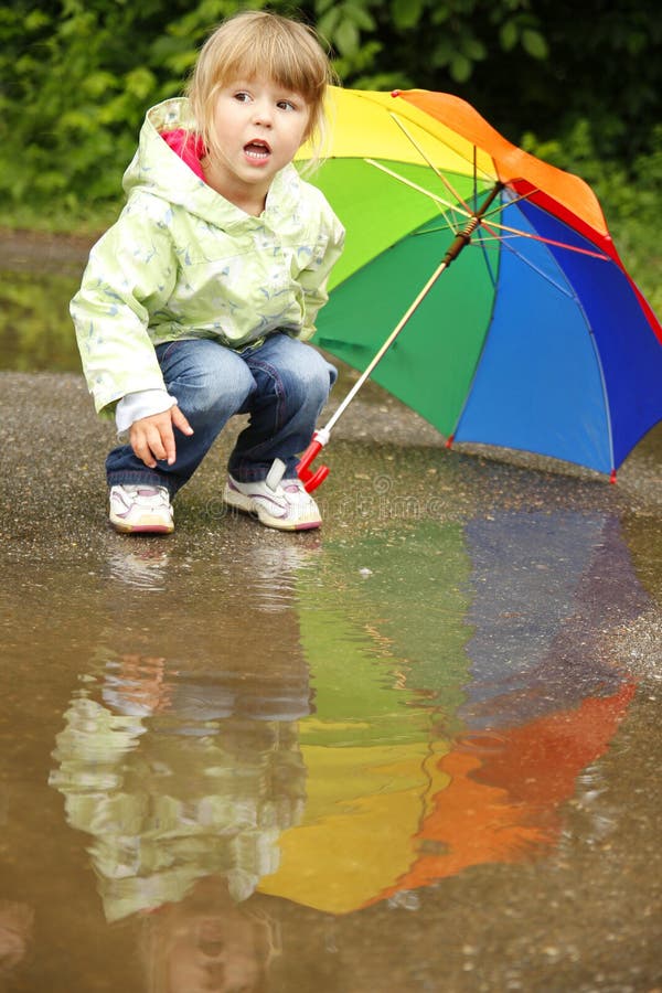 Girl with an Umbrella in the Rain Stock Image Image of happiness