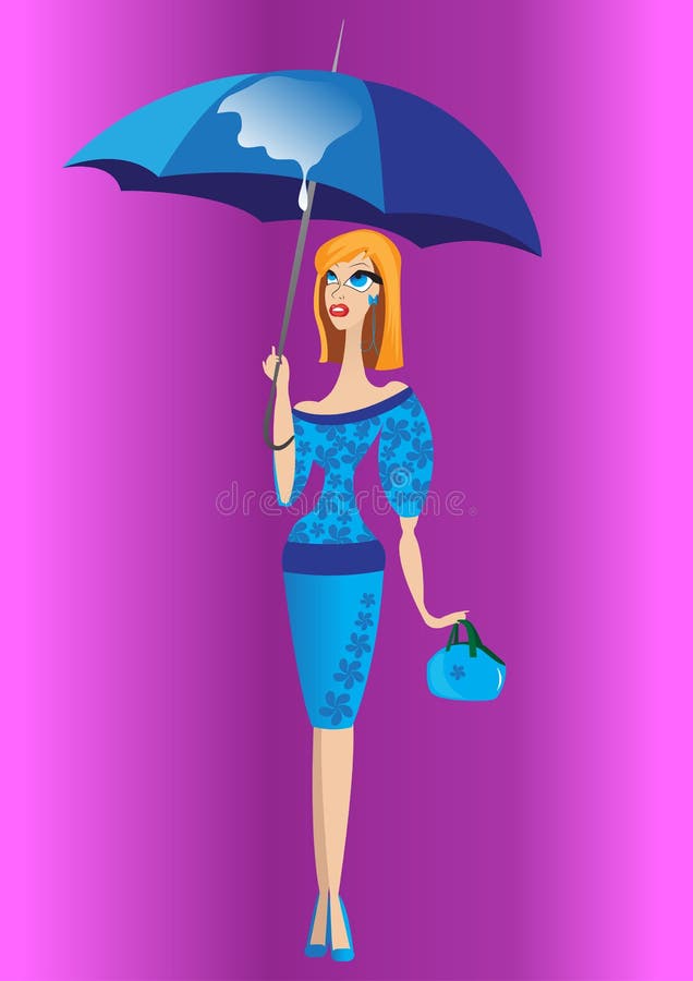 The Girl in a Blue Dress with an Umbrella Stock Vector - Illustration ...