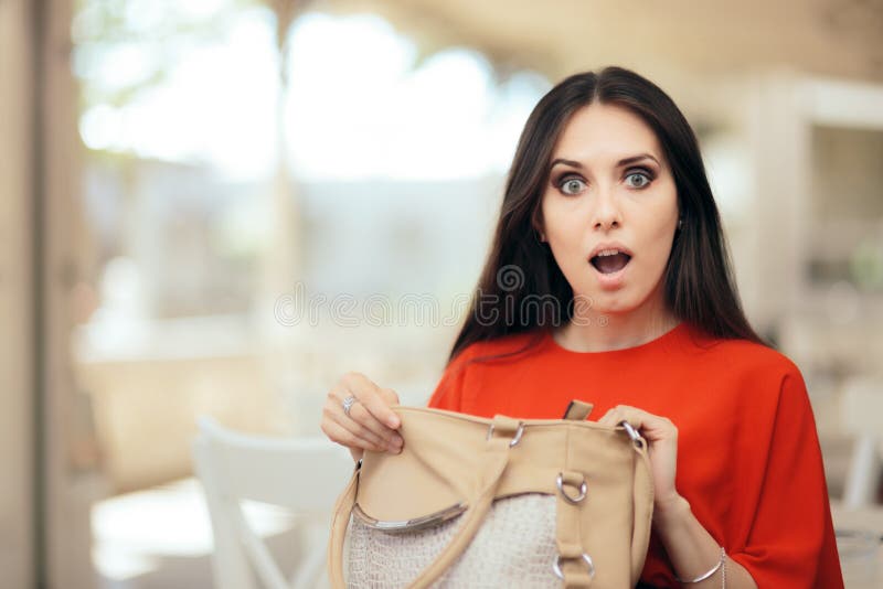 Forgetful Woman Checking Her Messy Purse Stock Image - Image of payment ...