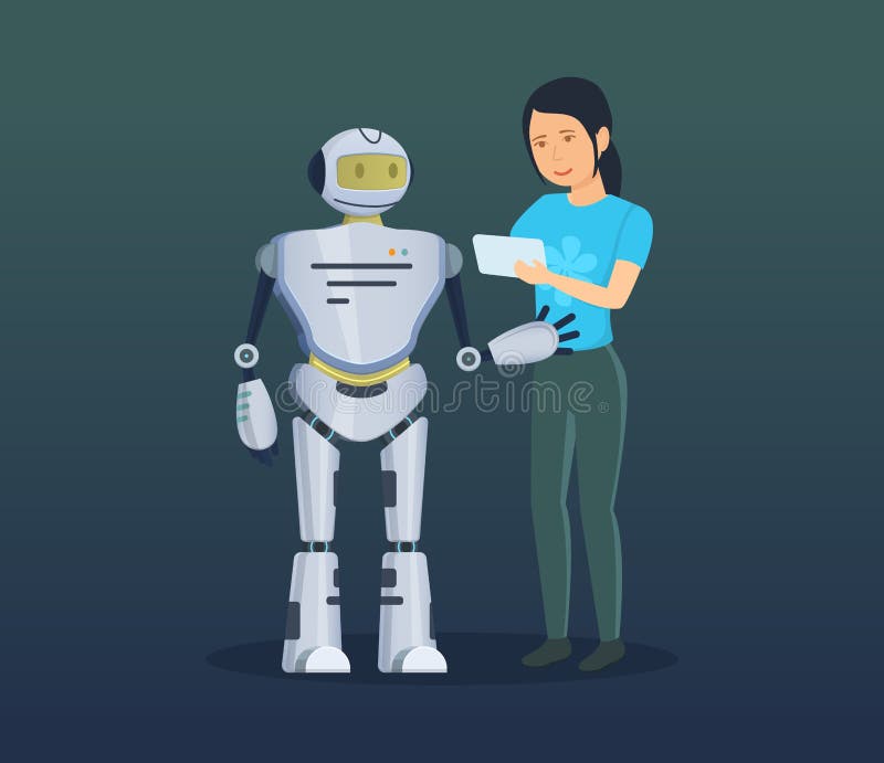 Girl, using software commands on device, controls electronic mechanical robot. vector illustration