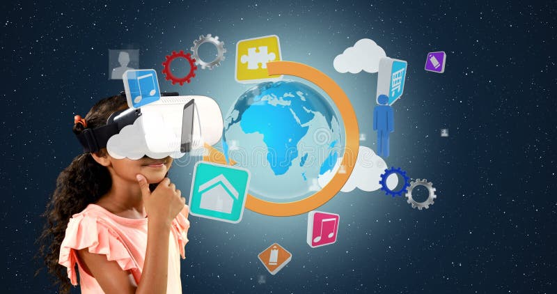 Girl using VR headset exploring digital world with interactive icons floating around royalty free illustration