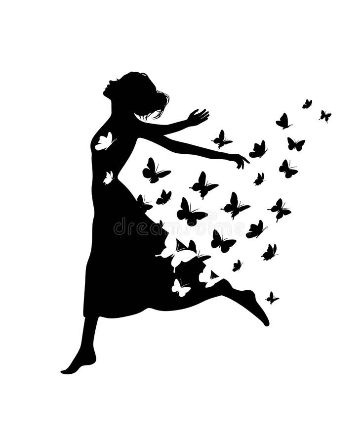 Girl vector lady woman silhouette body in dress with flying butterflies