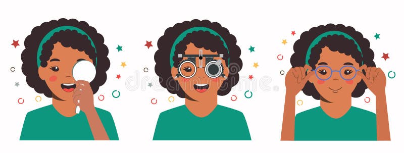 Girl vision checkup in ophthalmological clinic. Optometrist checking kid eyesight with spectacles medical equipment. Set. Glasses lens selection. Flat cartoon character illustration isolated on white background