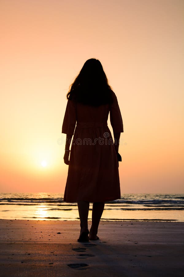 Girl Walking on the Beach at Sunset Stock Photo Image of orange