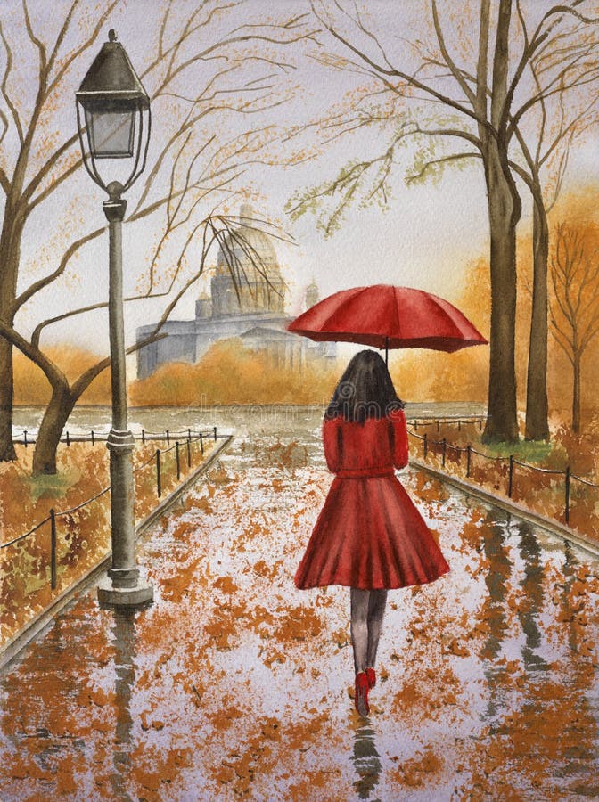 Girl Walking in a Rainy Day Stock Image - Image of boulevard, lamp ...