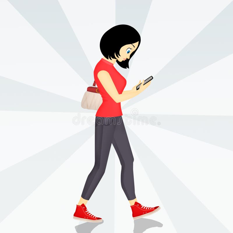 Girl walking with smartphone royalty free illustration