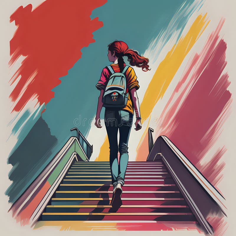 Girl Walking Up the Stairs Generated by Ai Stock Illustration