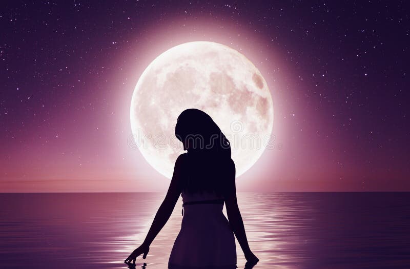 Girl walking on the water under the moonlight