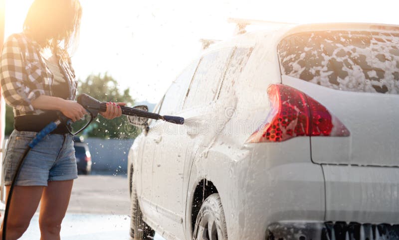 Girl is Washing Car with Foam Sprayer Stock Photo - Image of cleaning,  clear: 193436902