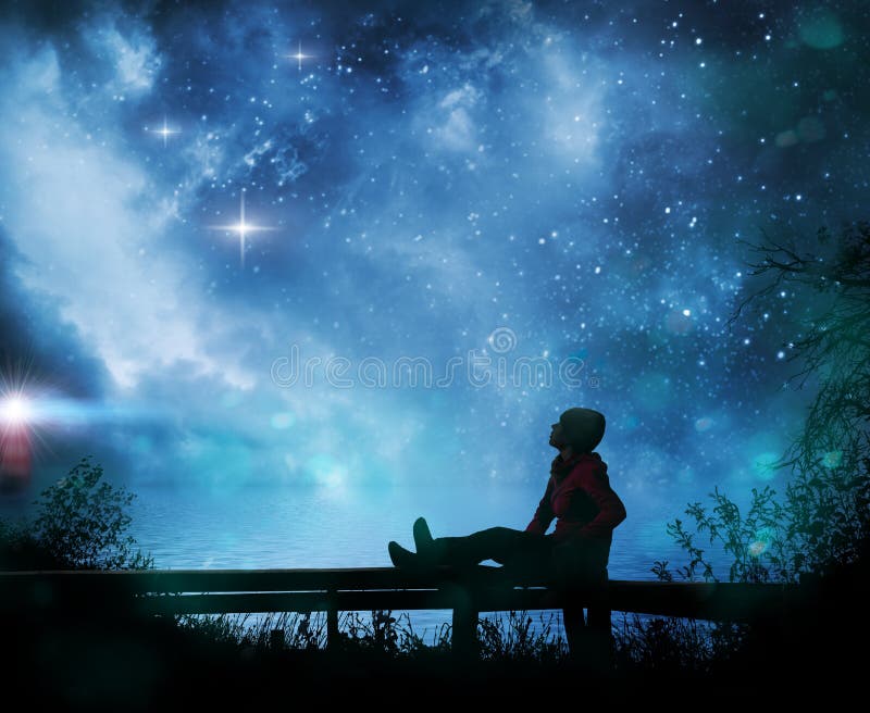 Girl Watching The Stars In Night Sky Stock Image Image Of