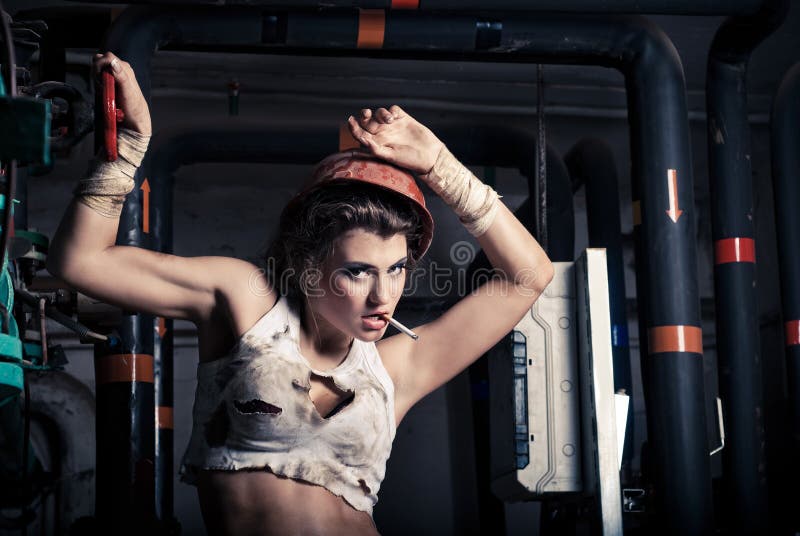 Girl Wearing a Helmet in the Boiler Room Stock Photo Image of girl