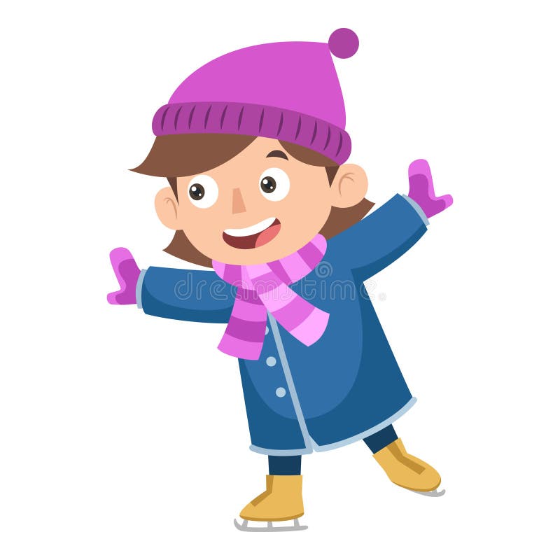 A Girl Wears Her Winter Clothes Playing Ice Skate. Kids Activities Illustration