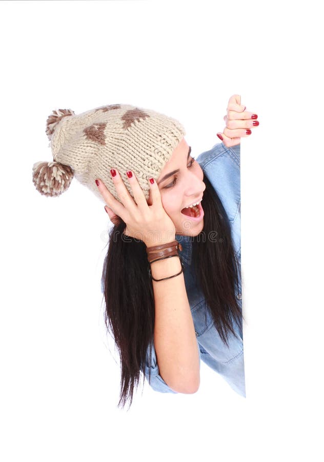 Girl beside a white blank for text or image stock photos Girl beside a white blank for text or image stock photos