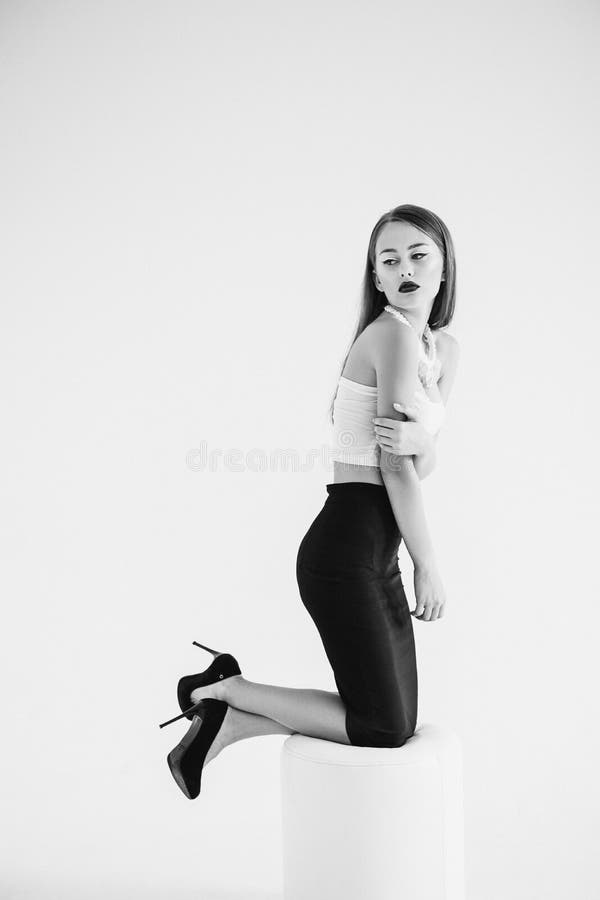 Girl in a White Blouse and Black Skirt Stock Photo - Image of model ...