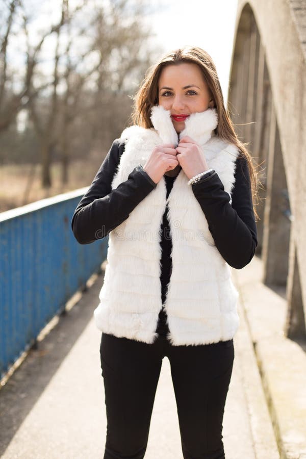 Girl in white fur coat stock photo. Image of young, outdoors 51778872