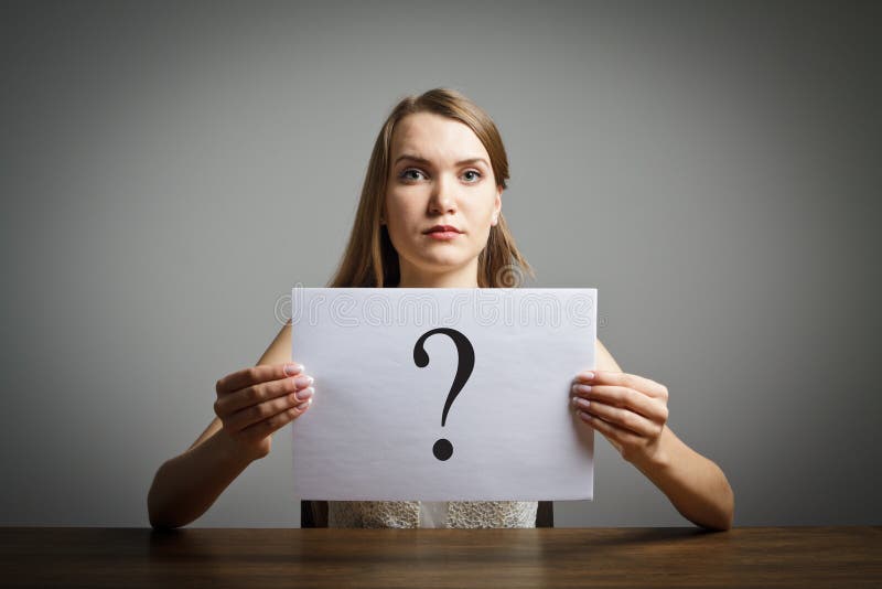 Girl in White and Question. Stock Image Image of doubt, question