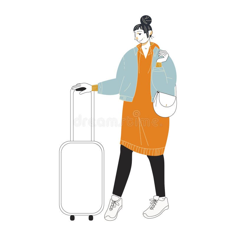 The Girl Who Holds the Suitcase. Vector Illustration in Flat