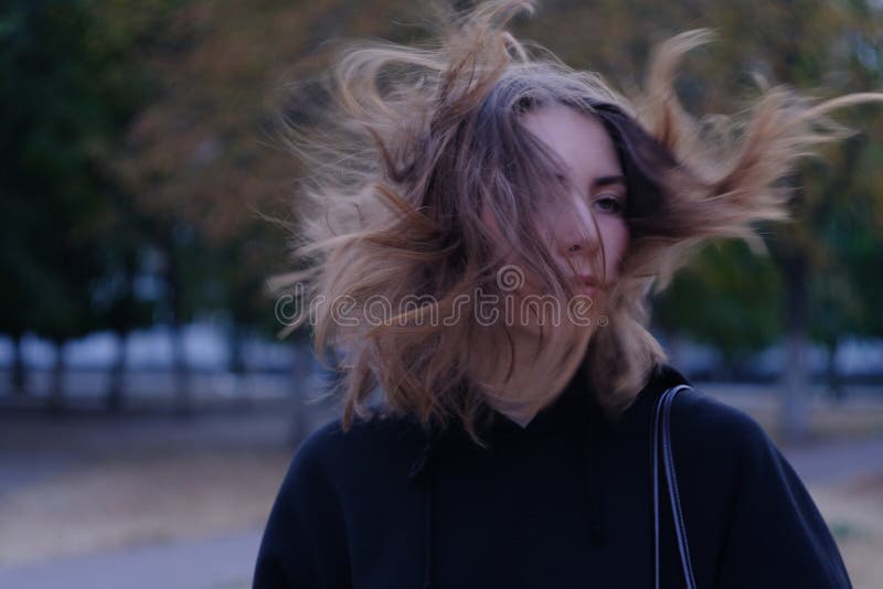Serious Look of Girl with Windy Hair at Dark Street Stock Image - Image of  fashion, autumn: 170701401
