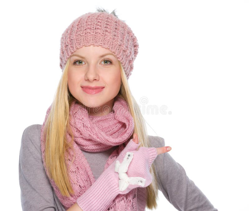 Girl in Winter Clothes Pointing on Copy Space Stock Image Image of