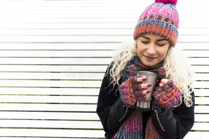 Girl in Winter Clothes and Warming Drink Stock Image Image of blonde