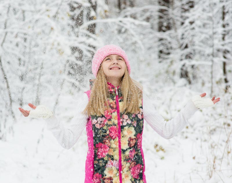 Girl in Winter Forest Enjoying Snowfall Stock Photo - Image of enjoying ...